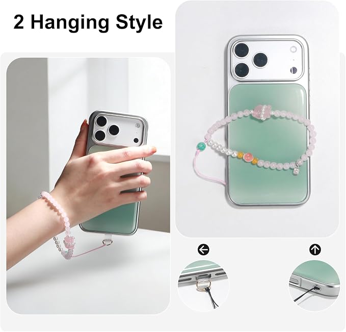 TEAMOLA Natural Stone Phone Charm, Handmade Crystal Cellphone Chain for Universal, Beaded Healing Anti Theft Phone Wrist Strap with Tether Tab, Rose Quartz & Amazonite & Yellow Agate & Shell Beads