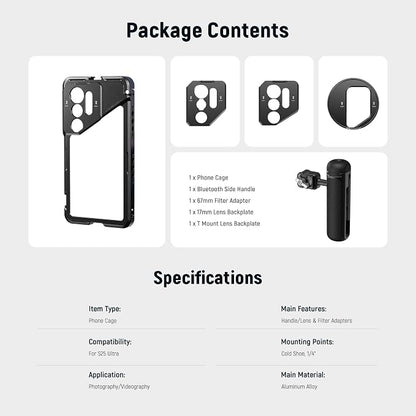 NEEWER S25 Ultra Phone Cage, PA082 Mobile Video Rig Phone Stabilizer for Video Recording with PA045E Bluetooth Side Handle, 67mm Filter Adapter, 17mm Lens Backplate & T Mount Compatible with Moment