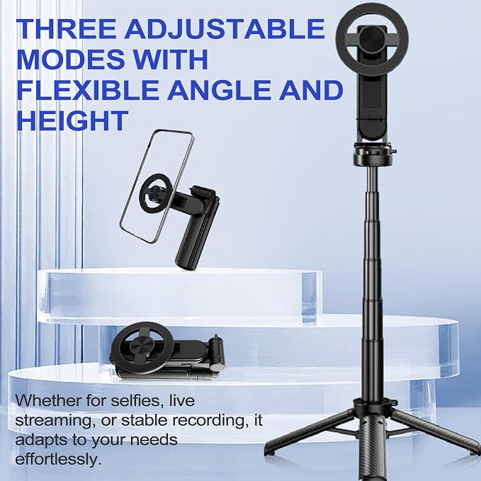 4-in-1 Multifunctional 360° Rotation Magnetic Selfie Stick, Mini Portable Extendable Phone Tripod with Remote and Metal Ring for iPhone & Android, for Travel Vlog Live Streaming (Black)