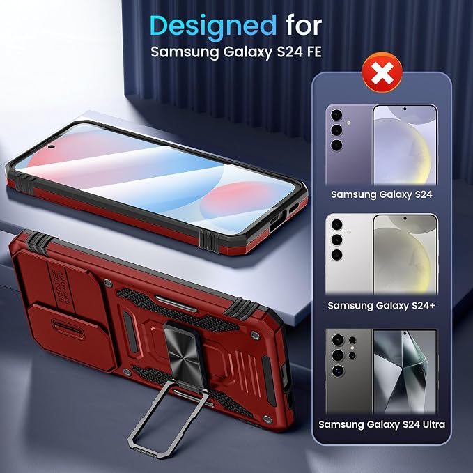 Caka for Samsung Galaxy S24 FE Case [HD Screen Protector] [Full Camera Lens Cover] [360°Rotated Kickstand Ring] [Heavy Duty Protection] Hard Rugged Protective Phone Cover for S24 FE - Red