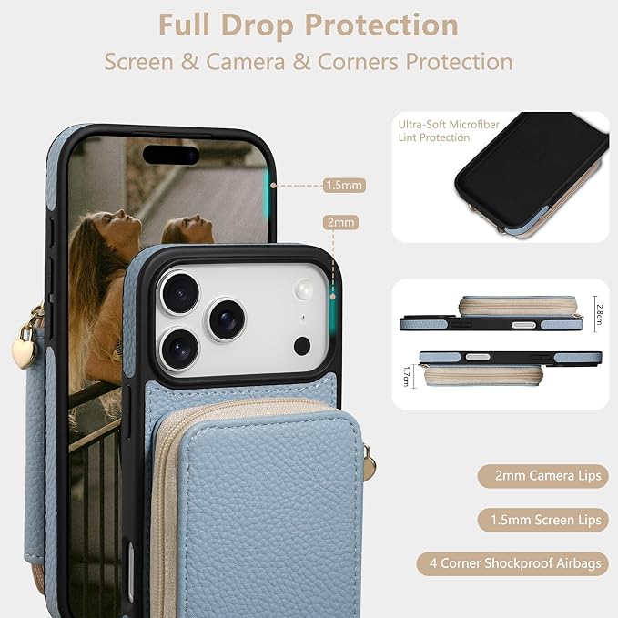 Keallce Case for iPhone 17 Pro Max 6.9'' Case Wallet, Crossbody Zipper Purse with RFID Blocking Card Slots Kickstand, Lanyard & Handstrap Flip Folio Leather Phone Cover for iPhone 17 Pro Max, Blue