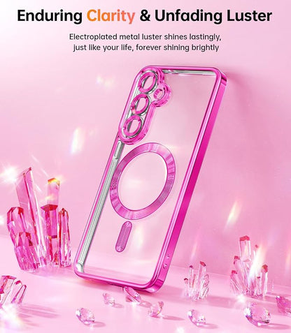 Meifigno Case Designed for Samsung Galaxy S25 6.2 inch, [Compatible with MagSafe] [2X HD Screen Protectors] [Glitter Card & Wrist Strap] Surround Lens Protection Case for Samsung Galaxy S25, Hot Pink
