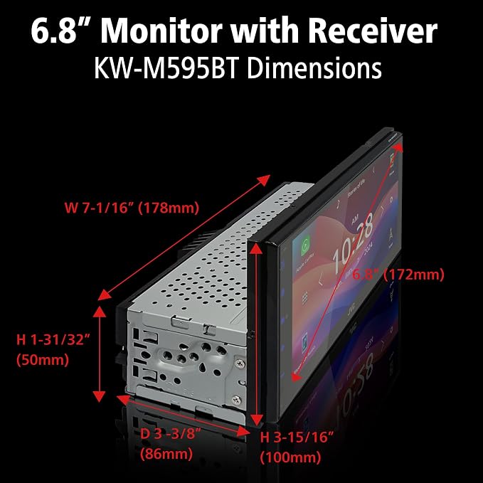 JVC KW-M595BT Digital Car Stereo (50W x 6-Ch), Apple CarPlay & Android Auto Compatible, Bluetooth-Enabled Head Unit with 6.8" LCD Display, Single DIN Touchscreen Car Stereo with USB Mirroring