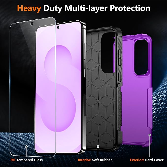SPIDERCASE Designed for Samsung Galaxy S25 Case, [10 FT Military Grade Drop Protection], 2 Pack [Tempered Glass Screen Protector+Camera Lens Protector] Heavy Duty Shockproof Case,Dark Purple