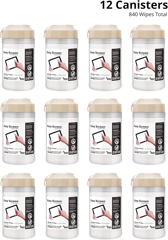 Easy Screen Cleaning Wipes, Canister – Streak-Free, Anti-Smudge Wipes for Electronics, TVs, Laptops, Tablets, Smartphones – 70 Large 6" x 9" Wipes Each, 12 Canisters per Case
