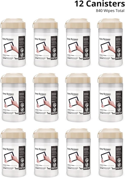 Easy Screen Cleaning Wipes, Canister – Streak-Free, Anti-Smudge Wipes for Electronics, TVs, Laptops, Tablets, Smartphones – 70 Large 6" x 9" Wipes Each, 12 Canisters per Case
