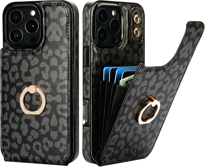 HAOPINSH for iPhone 16 Pro Max Wallet Case with Card Holder, 360°Rotation Ring Kickstand, Black Leopard Pattern, RFID Blocking Leather for Girls Women, Double Buttons Protective Cover 6.9"