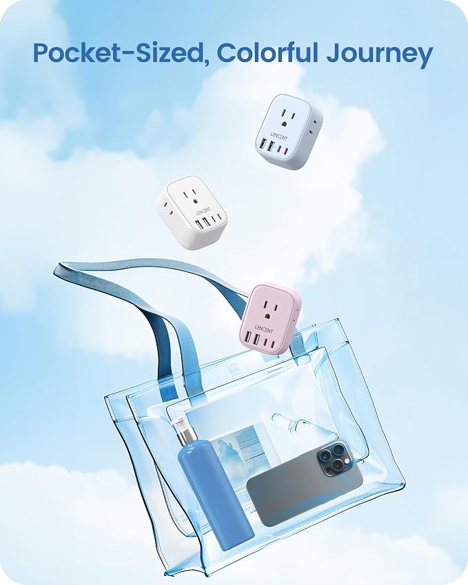 LENCENT European Travel Plug Adapter US to Europe Type-C Foldable Plug | with 4 Outlets 4 USB Ports (2 USB C), Power Adaptor for USA to EU Euro Iceland Spain Italy France Germany Greece, Blue