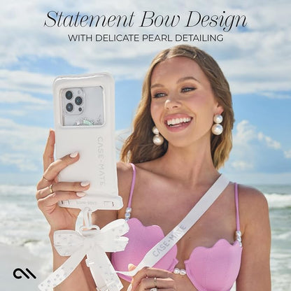Case-Mate IP68 Waterproof Large Phone Pouch with Bow Design - Travel Beach Cruise Ship Essentials - Floating Phone Case with Crossbody Lanyard for iPhone 17 Pro Max/16 Pro/15/14/13/ S26 - Ivory Pearl