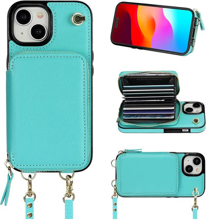 Bocasal Crossbody Wallet Case for iPhone 15, RFID Blocking Leather Purse Case with Card Holder, Protective Handbag Flip Cover with Zipper Wrist Strap Lanyard for Women 5G 6.1 Inch (Mint Green)
