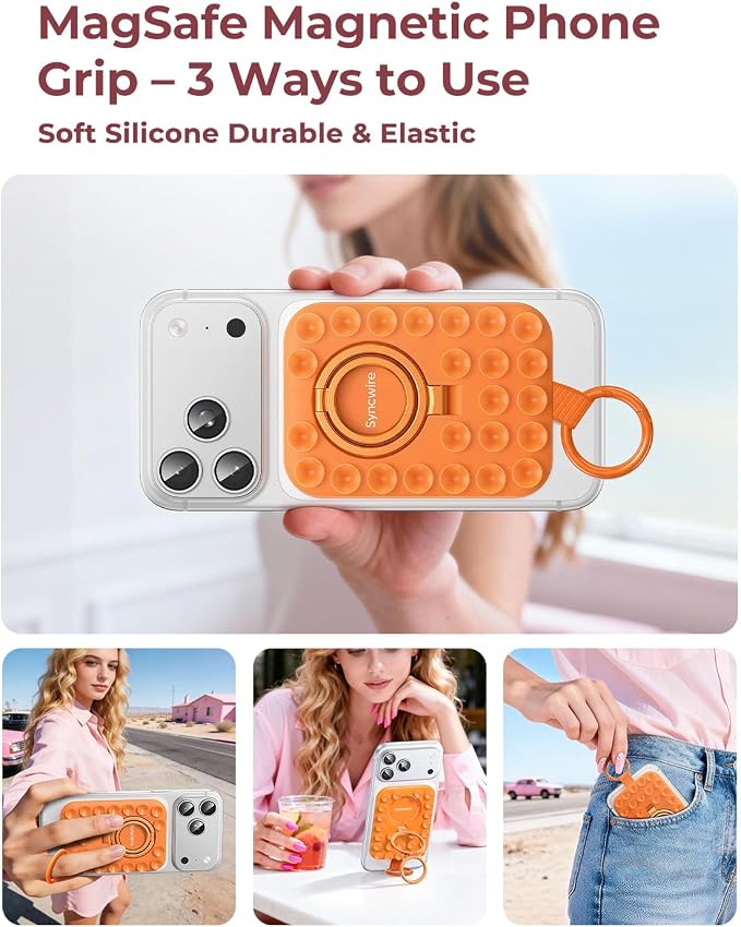 Syncwire Magnetic Suction Phone Mount for MagSafe, Silicone Octo Cup Buddy Sticky Grip Ring Holder, Hands-Free/Selfie/Video for TikTok & Instagram Influencer/Creator, iPhone Compatible,Orange