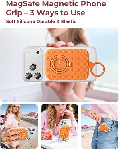 Syncwire Magnetic Suction Phone Mount for MagSafe, Silicone Octo Cup Buddy Sticky Grip Ring Holder, Hands-Free/Selfie/Video for TikTok & Instagram Influencer/Creator, iPhone Compatible,Orange