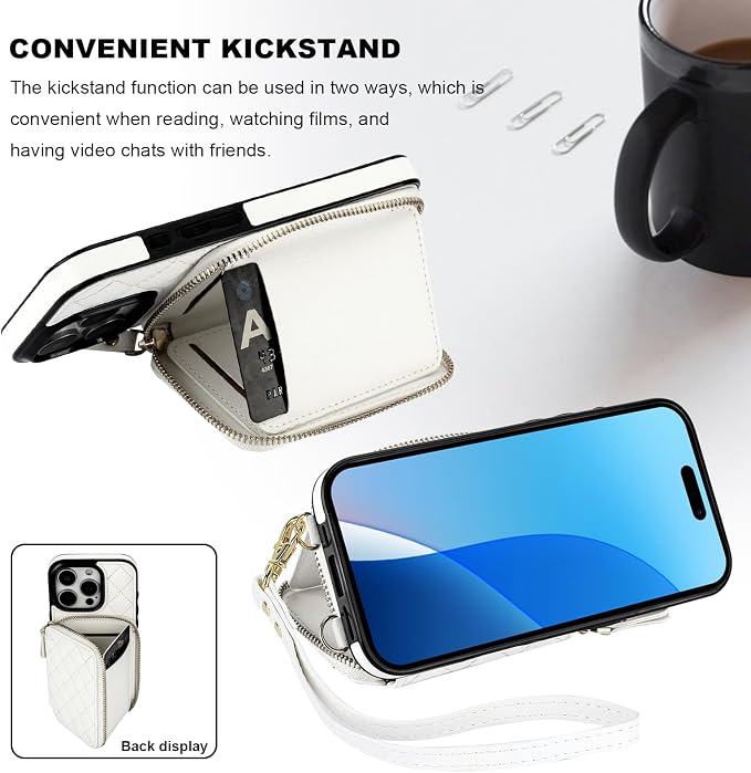Bocasal Crossbody Wallet Case for iPhone 16 Pro, RFID Blocking PU Leather Zipper Handbag Purse Flip Cover, Kickstand Folio Case with Card Slots Holder Wrist Strap Lanyard 5G 6.3 Inch (White)