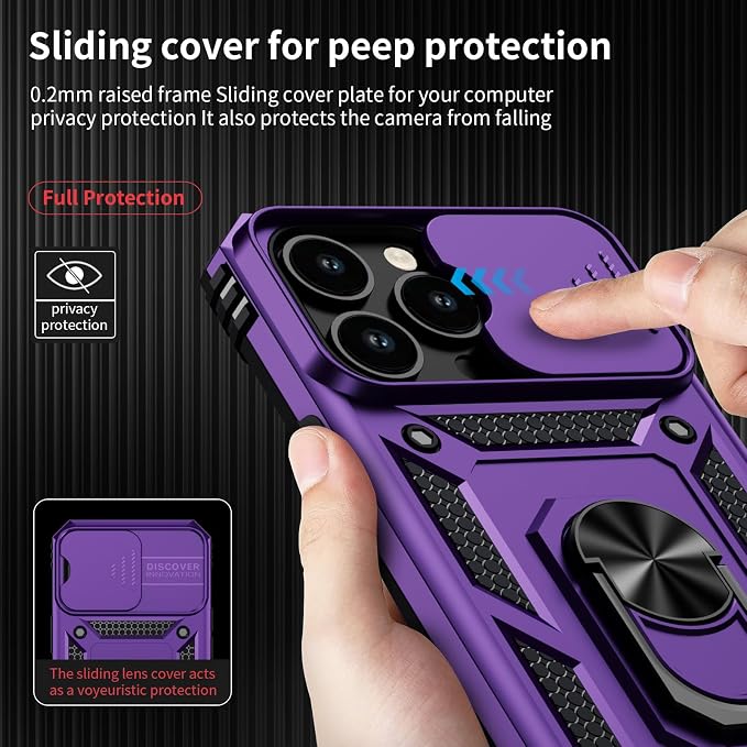 Weycolor for iPhone 14 Pro Max Case with Camera Lens Cover, HD Screen Protector, 10 FT Military Grade Drop Protection, Magnetic Ring Holder Kickstand Protective Phone Case, Deep Purple