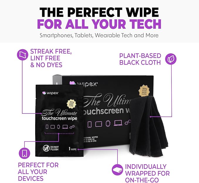 Wipex Touch Screen Wipes for Electronics - Electronic Wipes & Car Screen Cleaner - 24 Individually Wrapped, Large Soft Screen Cleaner Wipes for Laptop, iPhone, Auto Touchscreens, Glasses (3 Pack)