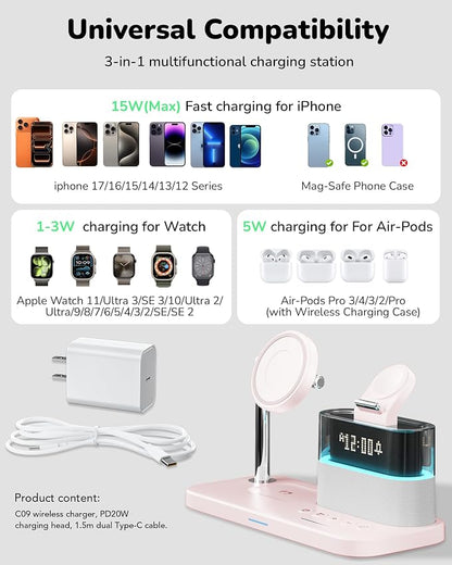 Compatible with Qi2 Certified 15W Charging Station with Alarm Clock and Night Light,Fast 5 in 1 Mag-Safe Wireless Charger Stand for iPhone 16 15 14 13 12 Pro Max,Apple Watch,Air-Pods(Pink)