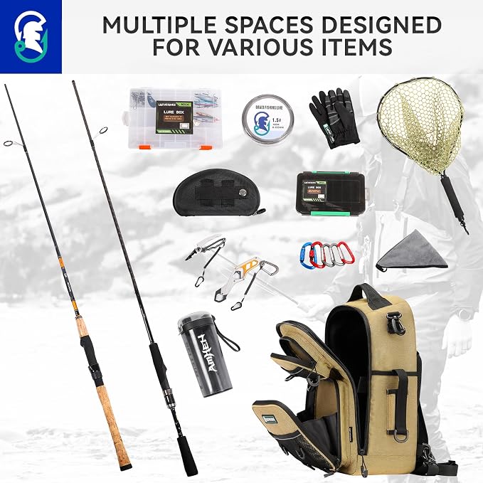 22L Fly Fishing Sling Bag - Fits 3x 3700 Tackle Boxes, 12 D-Rings, Rod Holster, Water Bottle Holder, Phone Pocket (Tan)