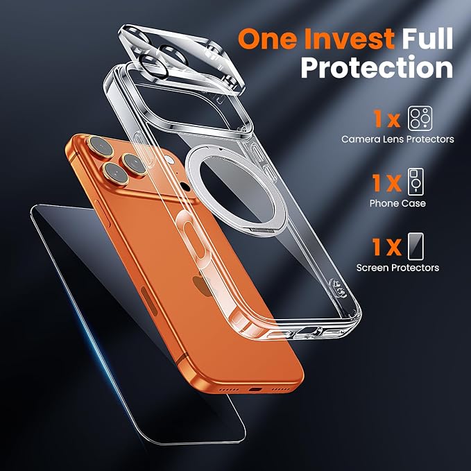 3 in 1 for iPhone 17 Pro Max Case Stand |Build in Kickstand,Screen Protector *1 & Camera Lens Protector*1, Not Yellowing, Fits MagSafe, Military-Grade Protection