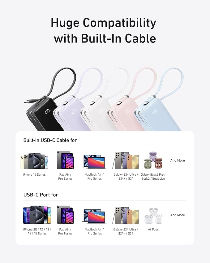 Anker Nano 3-in-1 Portable iPhone Charger, 10,000mAh Power Bank with Built-in USB-C Cable and Foldable Wall Plug, 30W Max Battery Pack, Travel Essentials for iPhone 17/16/15 Series (Violet)