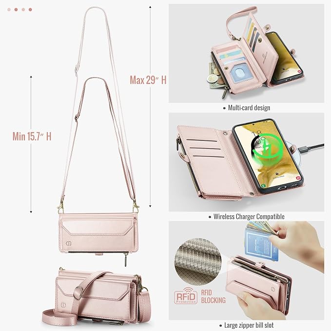 Strapurs Crossbody Wallet Case Compatible with Samsung Galaxy S22 Plus RFID Blocking Card Holder Soft PU Leather Magnetic Snap Strap Zipper Pocket Phone Case Fit for Galaxy S22+/ S22 Plus - Rose Gold