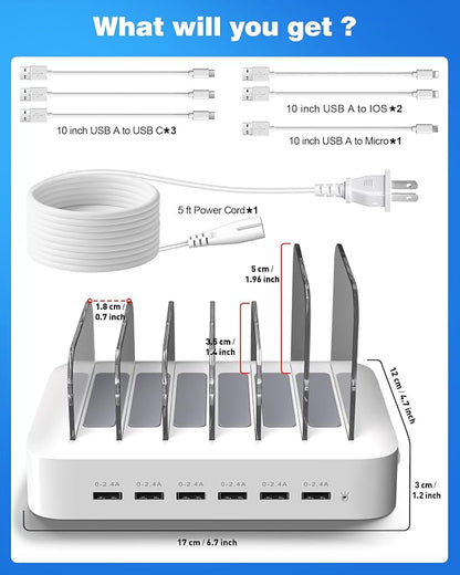 MSTJRY Charging Station for Multiple Devices : 6 Port USB Charger Stations - Family Multi-Device Organizer Charging Dock - Designed for iPhone iPad Android Cell Phone Tablet and Electronic, White