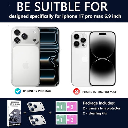 2 Pack Camera Lens Protector for iPhone 17 Pro Max,Metal AR Tempered Glass Rear Camera Screen Cover,Anti-Scratch,Strong Adsorption,Case Friendly, Easy to Install-Silver
