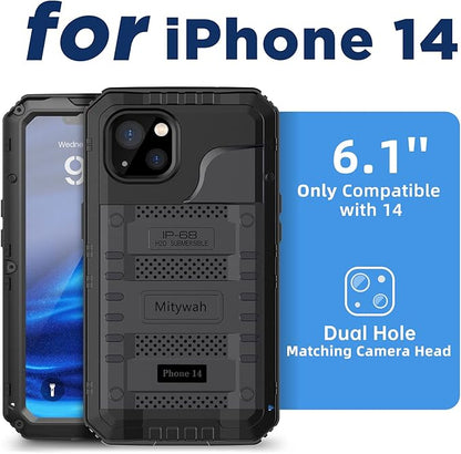 Mitywah Waterproof Case for iPhone 14, Heavy Duty Shockproof Case with Built-in Screen Protector, Full Body Underwater Protective Metal Case 6.1 inch, Black