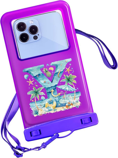 Personalized Initial Waterproof Phone Pouch Case - IPX8 Cellphone Dry Bag with Lanyard for iPhone 16/15/14/13/12 Pro Max (6.1–6.9"), Beach & Cruise Ship Essentials with Monogrammed Design (Purple, Y)