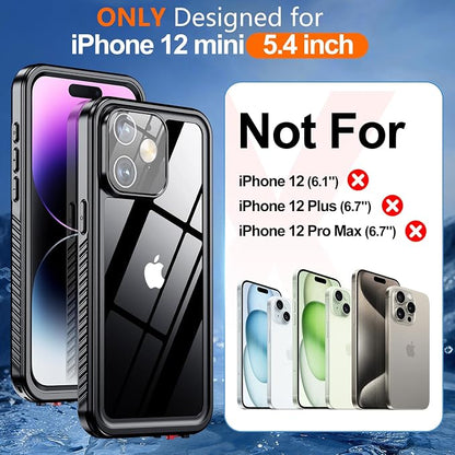 Hualele for iPhone 12 Mini Case Waterproof, Built in Lens & Screen Protector Rugged Full Body Protective Military Grade Drop Protection IP68 Underwater Cover Case for iPhone 12 Mini 5.4inch Black