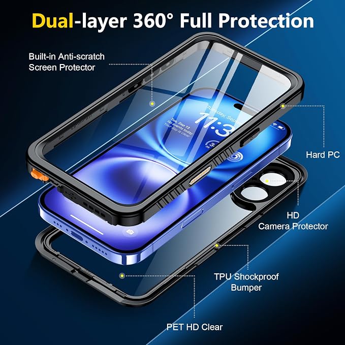 SPIDERCASE for iPhone 16 Waterproof Case, Built-in Screen Protector,12FT Military Grade Shockproof, IP68 Underwater Full Body Sealed Protection with Lanyard for iPhone 16 6.1“, Black