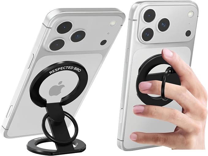 RESPECTED BRO-Magnetic-Phone-Ring-Holder with Dual Rings, Compatible with iPhone 17/16/15/14/13/12, Multifunctional Stand for Desk, Office, Gym, Kitchen & All Metal Surfaces, Finger Loop Grip (Black)