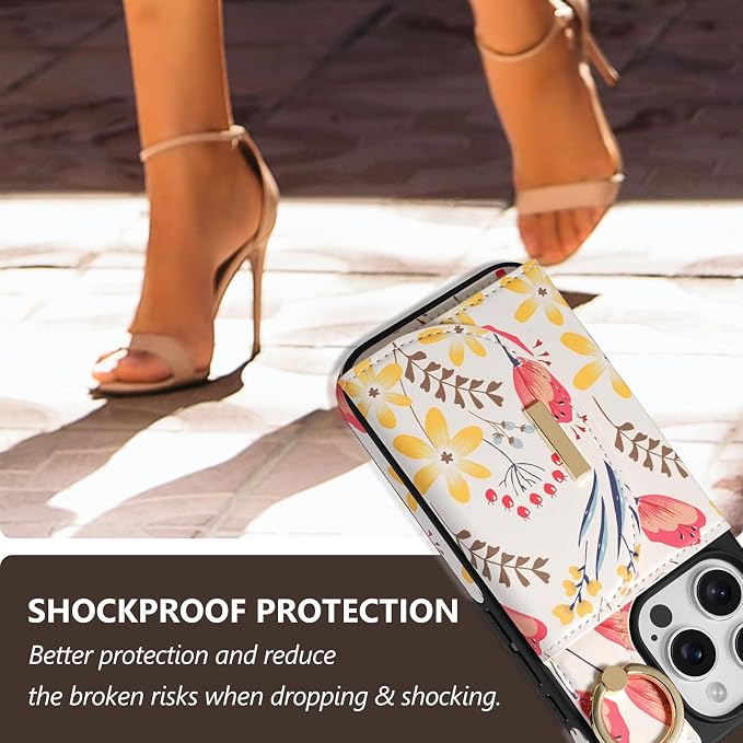 Keallce Wallet Case for iPhone 16 Pro Max 6.9'', Flip Case with Card Slots, Ring Holder Kickstand, PU Leather Protective Folio Cover for Women, Floral