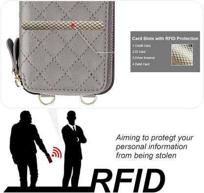 Bocasal Crossbody Wallet Case for iPhone 12/12 Pro, RFID Blocking PU Leather Zipper Handbag Purse Flip Cover, Kickstand Folio Case with Card Slots Holder Wrist Strap Lanyard 5G 6.1 Inch (Grey)