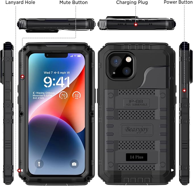 Beasyjoy for iPhone 14 Plus Case, IP68 Waterproof Metal Heavy Duty Defender Case with Built-in Screen Protector, Military Grade Full Body Protective Defender Shockproof Rugged Cover 6.7 Inch, Black