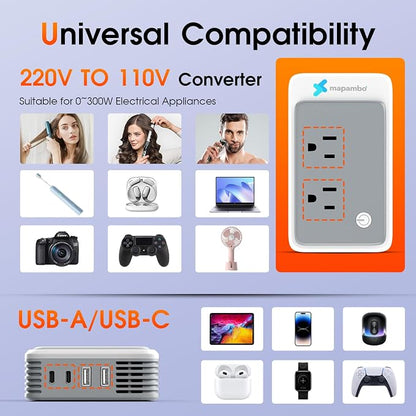 Global Voltage Converter US to Europe for Curling Iron and Hair Straighteners, Power Converter for European Travel Plug Adapter with 2 USB A & 2 USB C Ports, Compatible with 200+ Countries