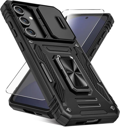 Caka for Samsung Galaxy S24 FE Case [HD Screen Protector] [Full Camera Lens Cover] [360°Rotated Kickstand Ring] [Heavy Duty Protection] Hard Rugged Protective Phone Cover for S24 FE - Black