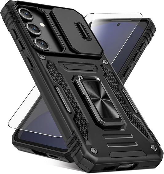 Caka for Samsung Galaxy S24 FE Case [HD Screen Protector] [Full Camera Lens Cover] [360°Rotated Kickstand Ring] [Heavy Duty Protection] Hard Rugged Protective Phone Cover for S24 FE - Black