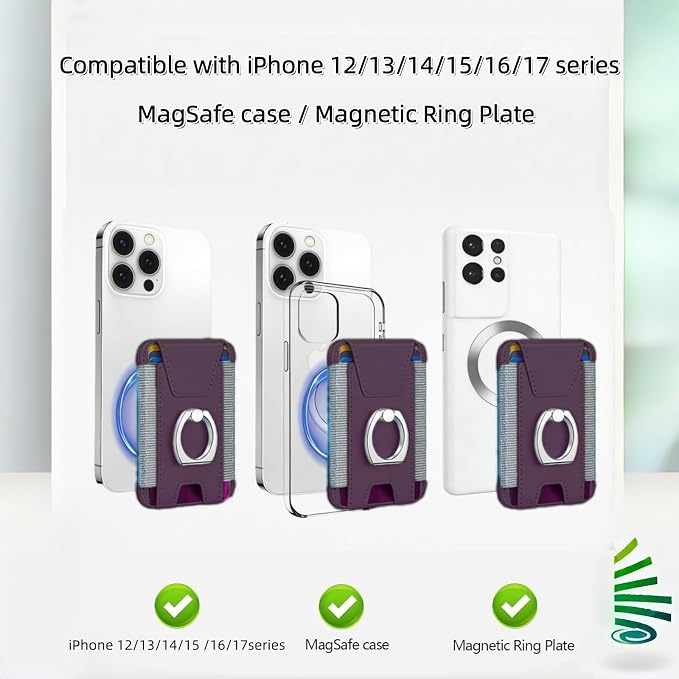 for Magsafe Wallet, Slim Magnetic Card Wallet with Grip, 7 Cards Holder RFID Blocking, Ring Stand Stick on Wallet with Privacy Flap (Deep Purple)