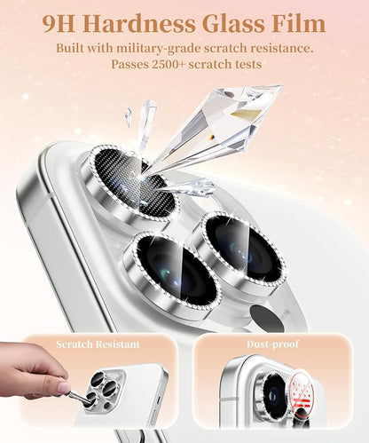 GolbinBox Camera Lens Protector for iPhone 14 Pro/14 Pro Max, 1:1 Invisible Fit, 9H Tempered Glass Ultra HD Metal Individual Camera Cover for Women, Case Friendly, Bling/Silver