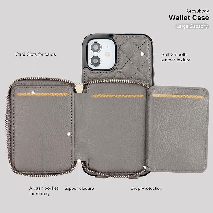 Bocasal Crossbody Wallet Case for iPhone 12/12 Pro, RFID Blocking PU Leather Zipper Handbag Purse Flip Cover, Kickstand Folio Case with Card Slots Holder Wrist Strap Lanyard 5G 6.1 Inch (Grey)