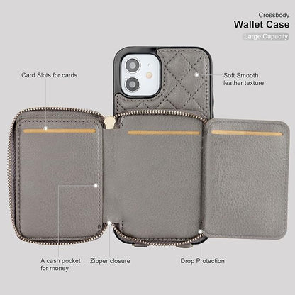 Bocasal Crossbody Wallet Case for iPhone 12/12 Pro, RFID Blocking PU Leather Zipper Handbag Purse Flip Cover, Kickstand Folio Case with Card Slots Holder Wrist Strap Lanyard 5G 6.1 Inch (Grey)