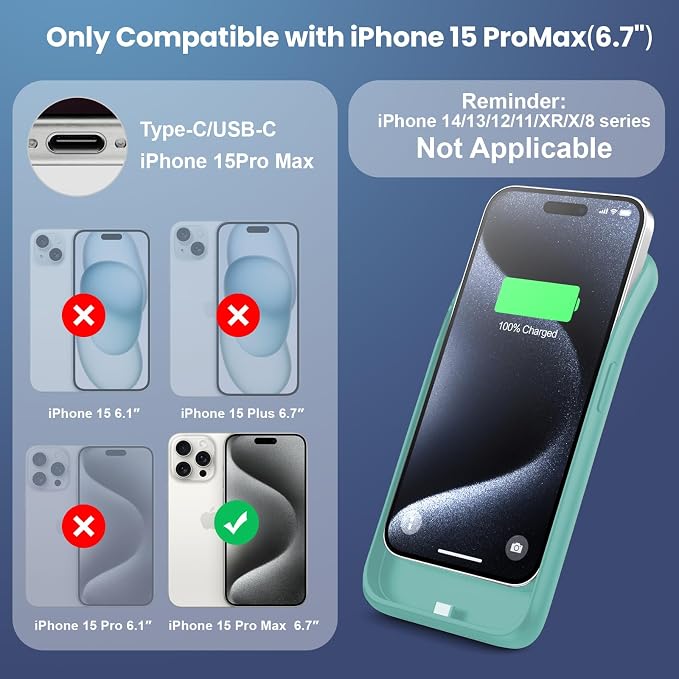 Battery Case for iPhone 15Pro Max, Upgrade 8600mah Portable Slim Battery Charging Case, 15W Fast Charging Rechargeable Protective Extended Charger Cover for iPhone 15 Pro Max (6.7 inch)-Green