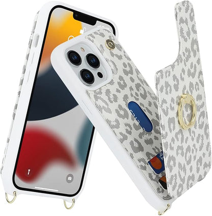 Lipvina for iPhone 13 Pro Case with Card Holder and Strap for Women,Crossbody Lanyard,RFID Blocking,Kickstand Ring Stand,Snap Clasp,Cute Phone Wallet Cases 6.1 inch(White Leopard)