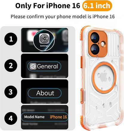 for iPhone 16 Waterproof Case, Compatible with MagSafe, IP68 Built-in Camera Control, Military Shockproof & Screen Protector for Water Sports, 6.1 Inch Frosted Orange