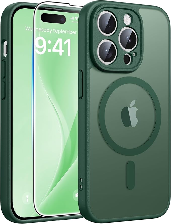 FNTCASE for iPhone 14 Pro Max Case: [Compatible with Magsafe] Translucent Matte Cases with [Full Camera Protection] [Screen Protector] Military Grade Shockproof Protective Phone Cover - Green
