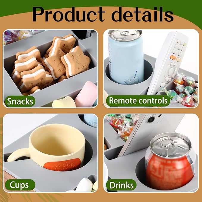 Yerliker Couch Cup Holder Tray, Silicone Lining Couch Caddy Waterproof Anti-spill Sofa Cup Holder for Bed Car Seat Organizer, Hold Mugs, Drinks, Snacks, Phones, Remotes(Rectangle,Grey,Acacia)