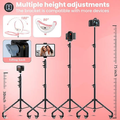 22" Foldable Ring Light with Stand for iPhone ipad, 75" Tripod with Wheels 50W 6500K LED Display/2 USB Ports Large Ringlight Rolling, Tattoo Barber Makeup Studio Video Photography Lighting(Pink)