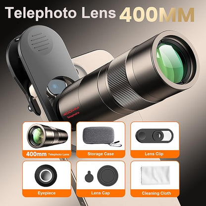 400mm Telephoto Lens for iPhone & Android – HD Phone Telescope with FMC 7-Layer Optical Coating, Universal Clip, Eyepiece & Carrying Case for Wildlife, Sports & Travel