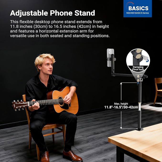 NEEWER Basics Overhead Phone Mount Holder Stand, Metal Desk Tripod Camera Rig Compatible with iPhone Android Samsung for Cooking Makeup Drawing Vlogging Live Streaming Filming Video Recording, ST013