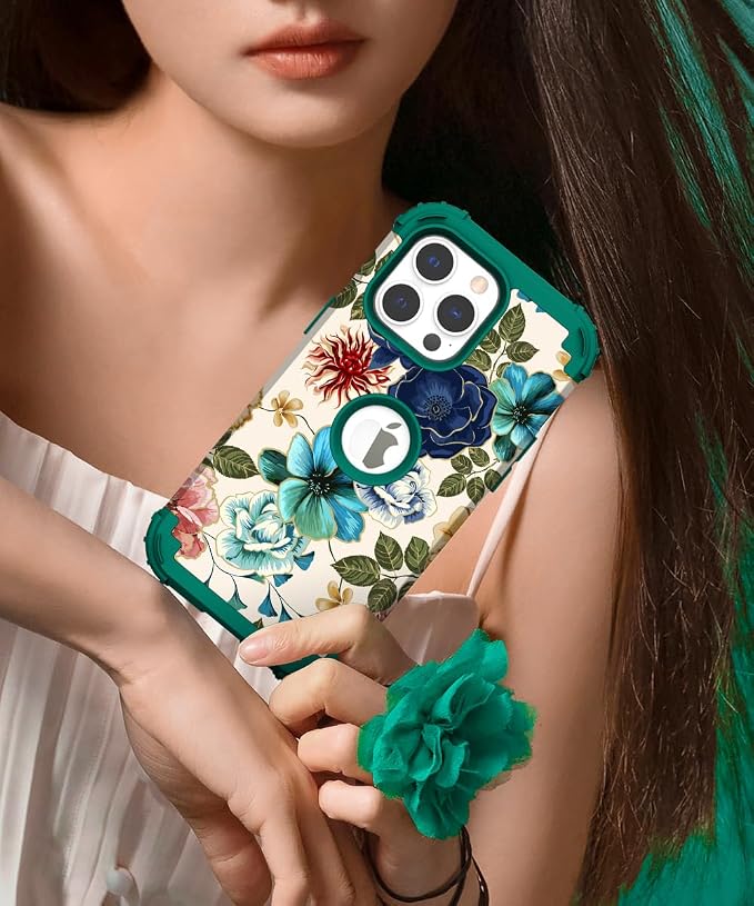 Hocase for iPhone 14 Pro Max Case, Heavy Duty Shockproof Protection Soft Silicone Rubber+Hard Plastic Bumpers Hybrid Protective Case for iPhone 14 Pro Max 2022 - Teal Flowers